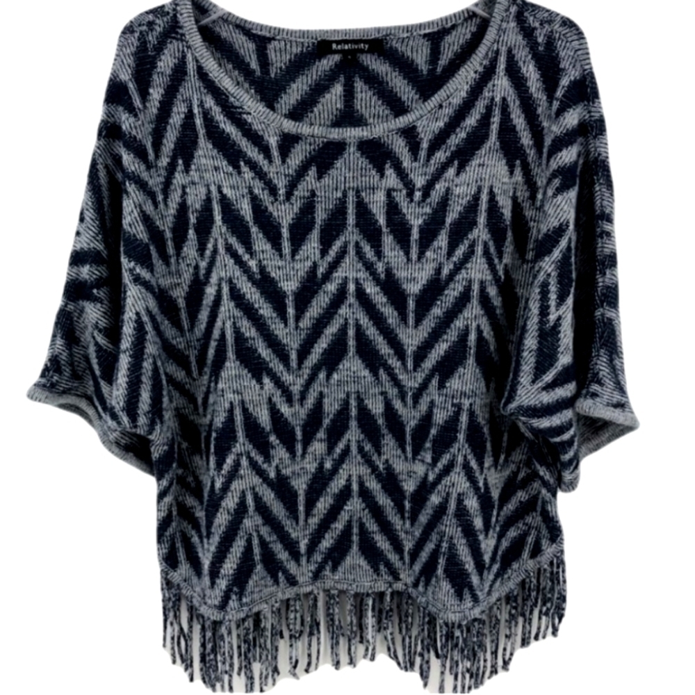 Relativity Anthro Women’s S Chevron Blue Knit Fringe Geometric Boho Sweater